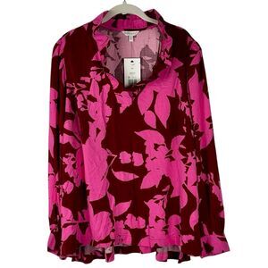 Crown & Ivy Women's Ruffle V-Neck Cranberry Pink Floral Leaf Printed Top 2X Plus